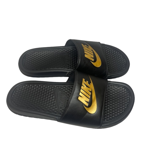 Nike Black Slides with Gold Logo - Picture 2 of 3